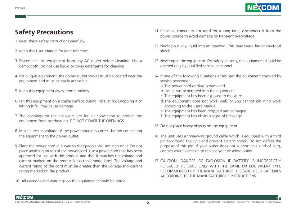 Safety precautions | NEXCOM APPC 1230T User Manual | Page 10 / 130