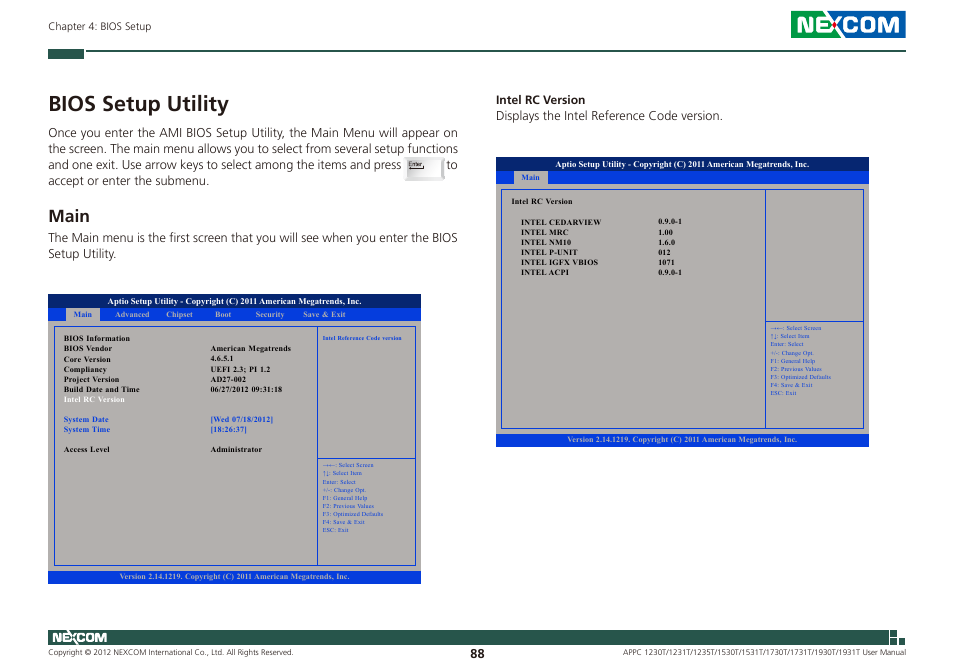 Bios setup utility, Main | NEXCOM APPC 1230T User Manual | Page 104 / 130
