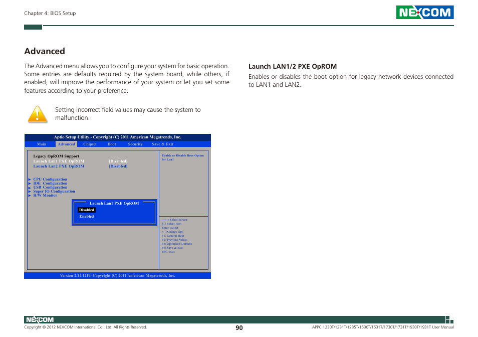 Advanced, Launch lan1/2 pxe oprom | NEXCOM APPC 1230T User Manual | Page 106 / 130