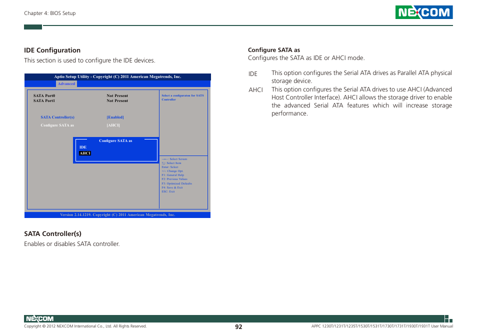 Ide configuration, Sata controller(s) | NEXCOM APPC 1230T User Manual | Page 108 / 130