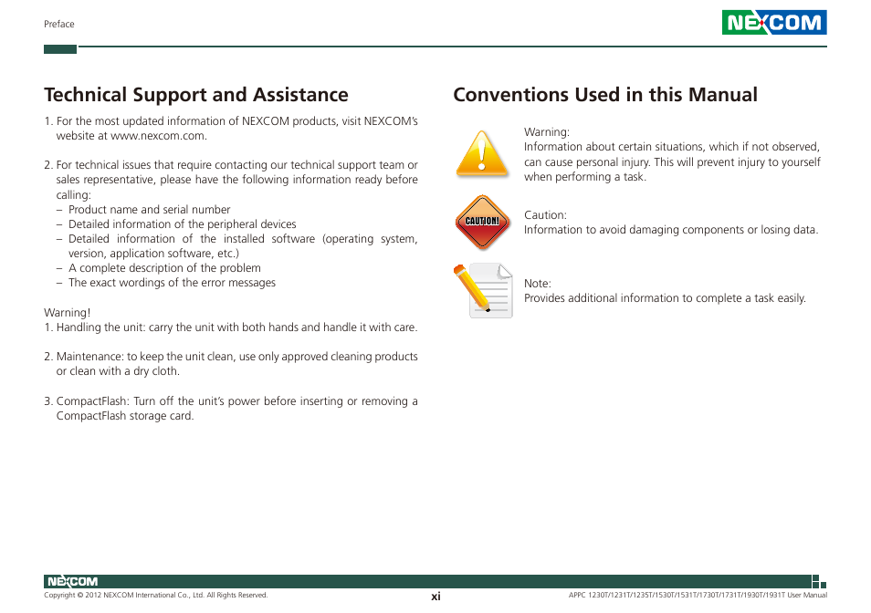 Technical support and assistance, Conventions used in this manual | NEXCOM APPC 1230T User Manual | Page 11 / 130