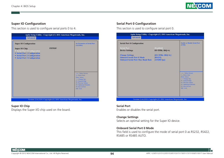 Super io configuration, Serial port 0 configuration | NEXCOM APPC 1230T User Manual | Page 110 / 130