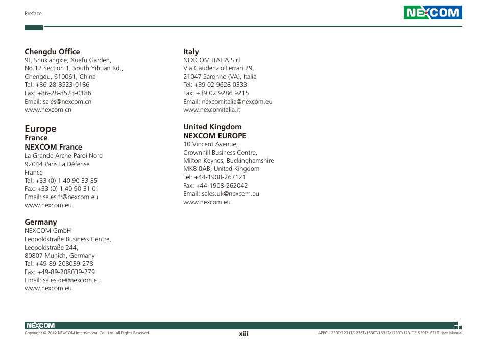 Europe | NEXCOM APPC 1230T User Manual | Page 13 / 130