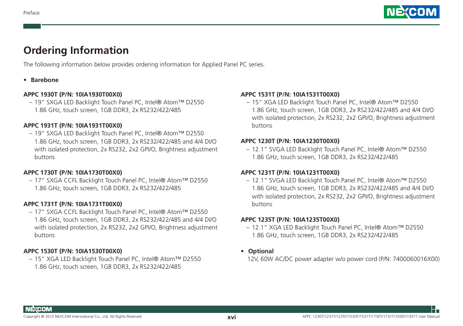 Ordering information | NEXCOM APPC 1230T User Manual | Page 16 / 130