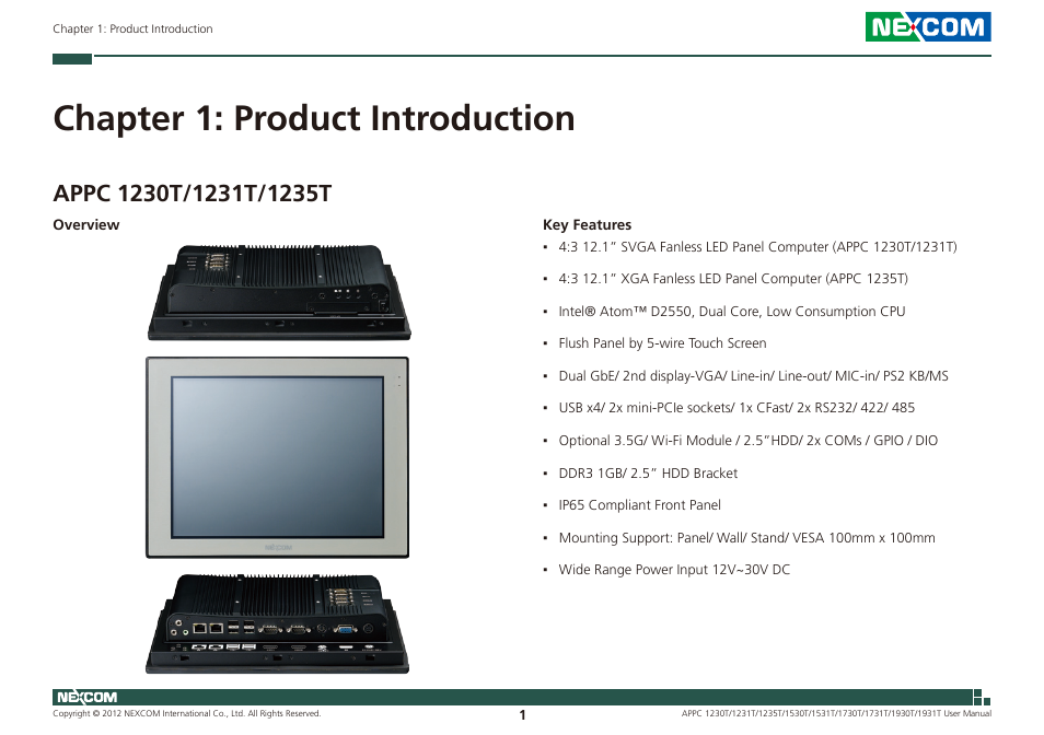 Chapter 1: product introduction | NEXCOM APPC 1230T User Manual | Page 17 / 130
