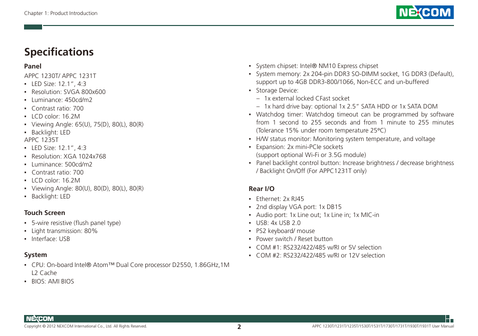 Specifications | NEXCOM APPC 1230T User Manual | Page 18 / 130