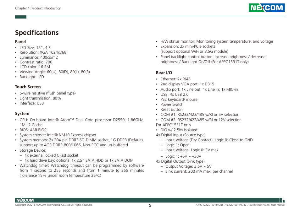 Specifications | NEXCOM APPC 1230T User Manual | Page 21 / 130