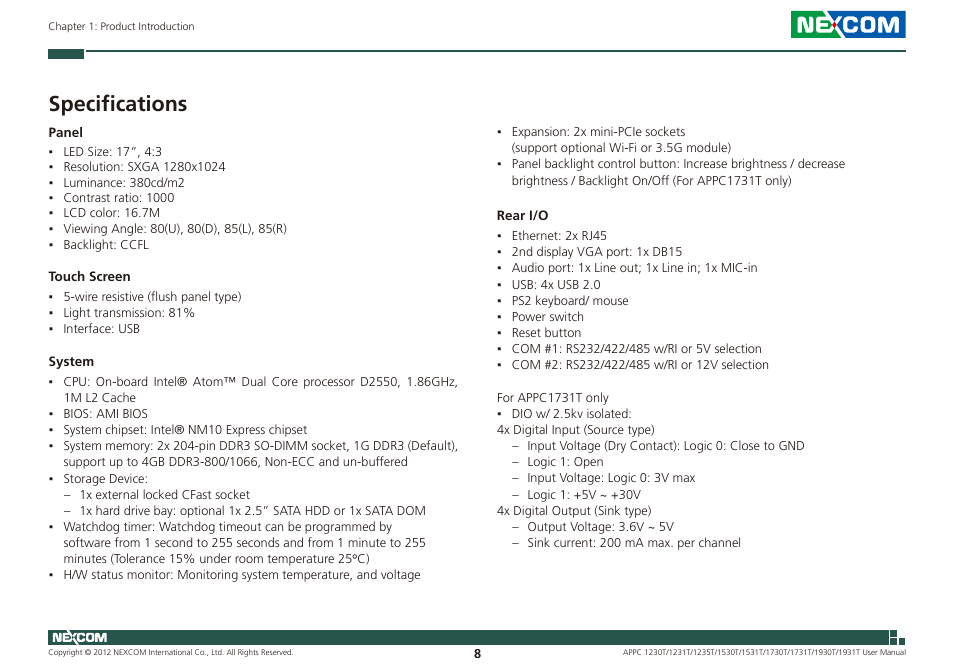 Specifications | NEXCOM APPC 1230T User Manual | Page 24 / 130