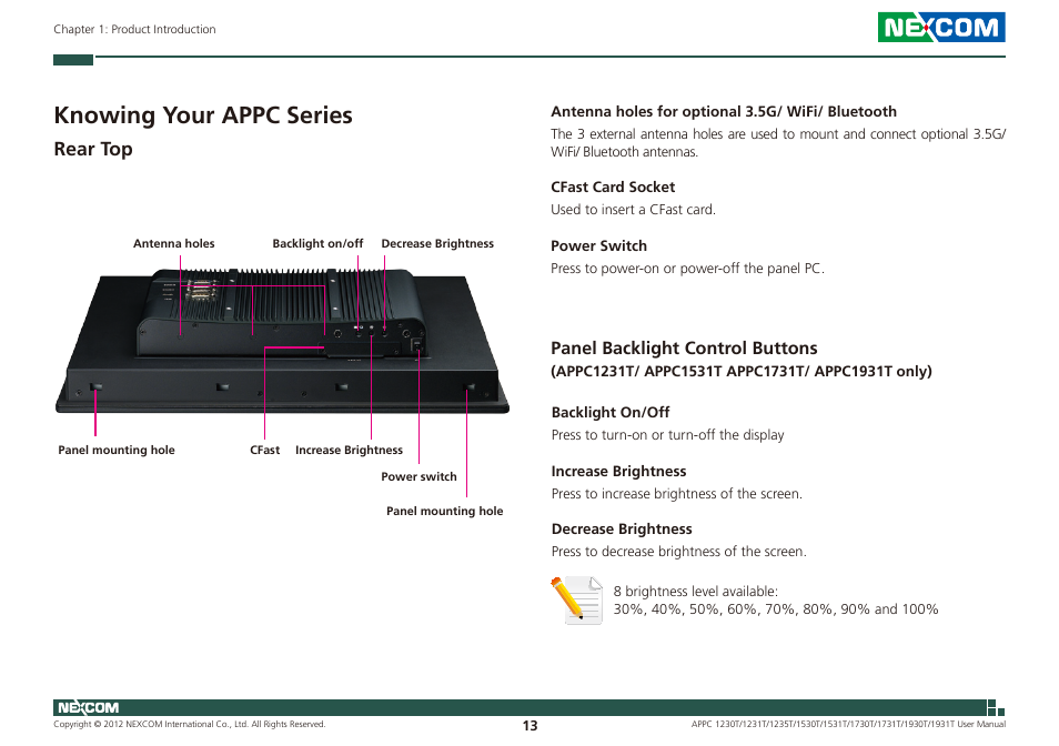 Knowing your appc series, Rear top, Panel backlight control buttons | NEXCOM APPC 1230T User Manual | Page 29 / 130