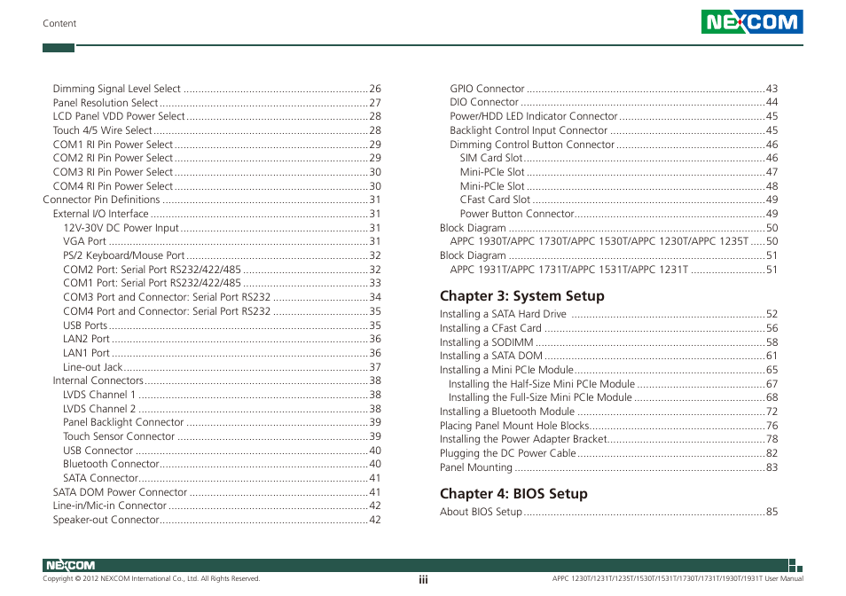 Chapter 3: system setup, Chapter 4: bios setup | NEXCOM APPC 1230T User Manual | Page 3 / 130