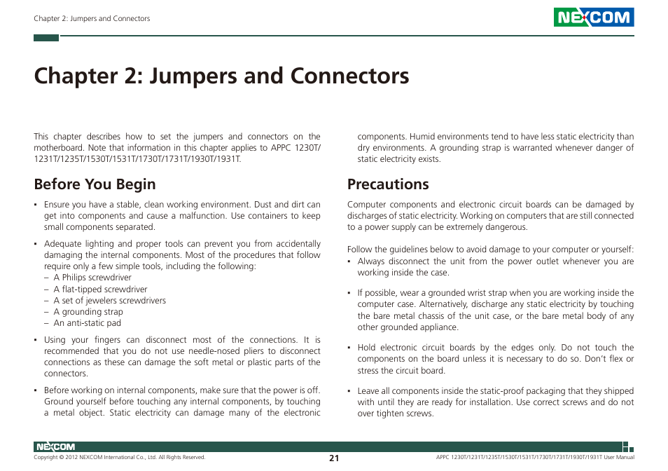 Chapter 2: jumpers and connectors, Before you begin, Precautions | NEXCOM APPC 1230T User Manual | Page 37 / 130