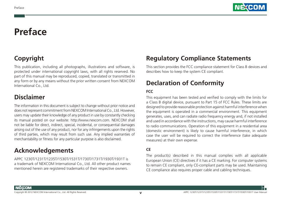 Preface, Copyright, Disclaimer | Acknowledgements, Regulatory compliance statements, Declaration of conformity | NEXCOM APPC 1230T User Manual | Page 5 / 130