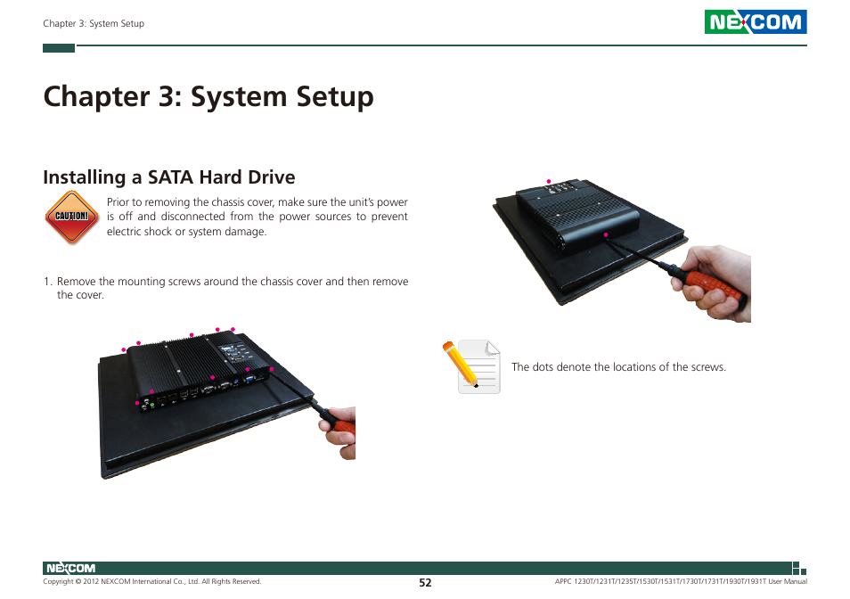 Chapter 3: system setup, Installing a sata hard drive | NEXCOM APPC 1230T User Manual | Page 68 / 130