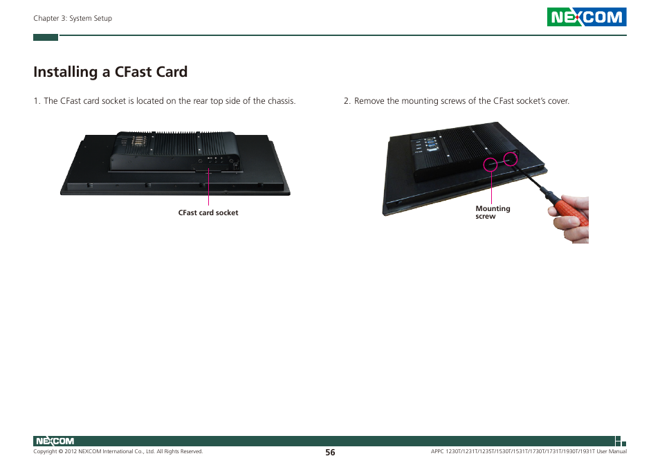 Installing a cfast card | NEXCOM APPC 1230T User Manual | Page 72 / 130