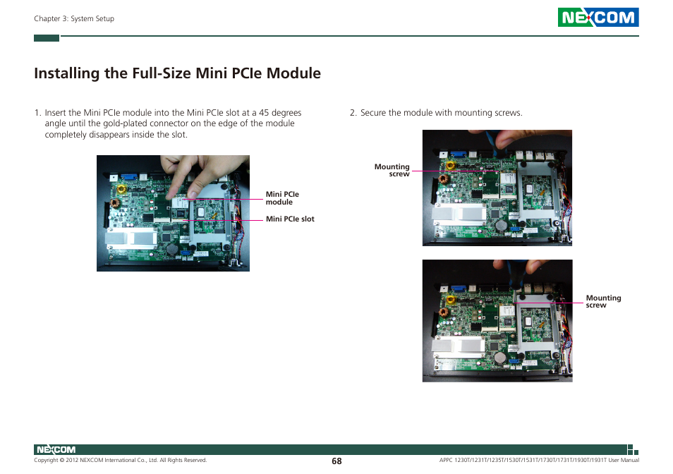 Installing the full-size mini pcie module | NEXCOM APPC 1230T User Manual | Page 84 / 130