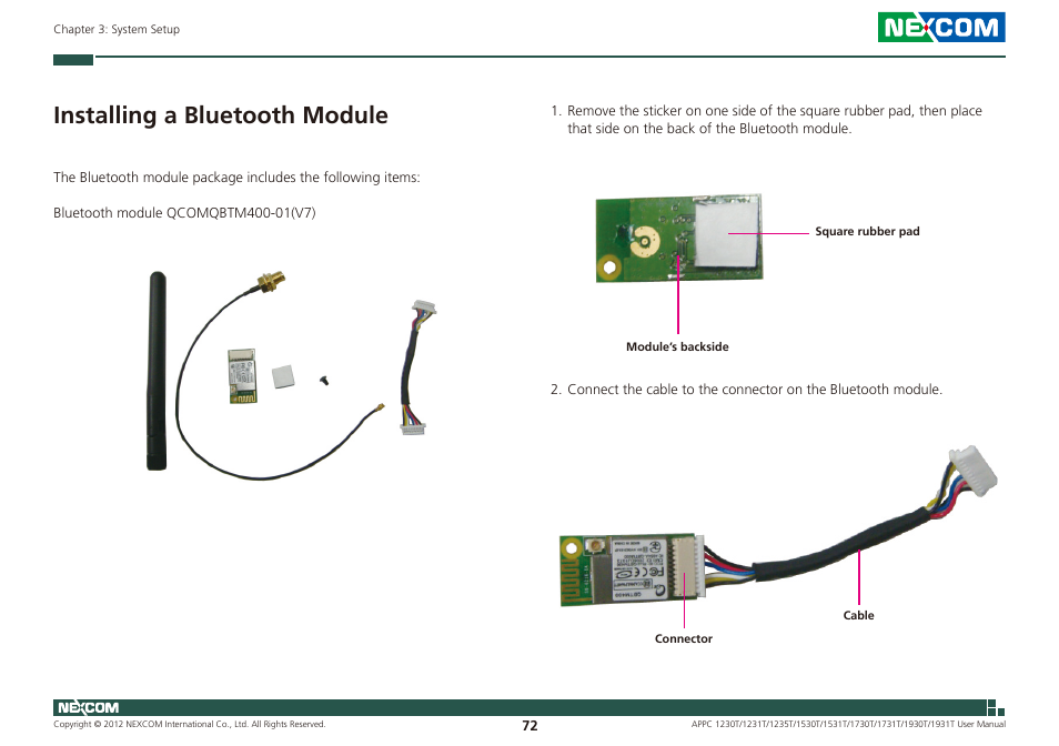 Installing a bluetooth module | NEXCOM APPC 1230T User Manual | Page 88 / 130