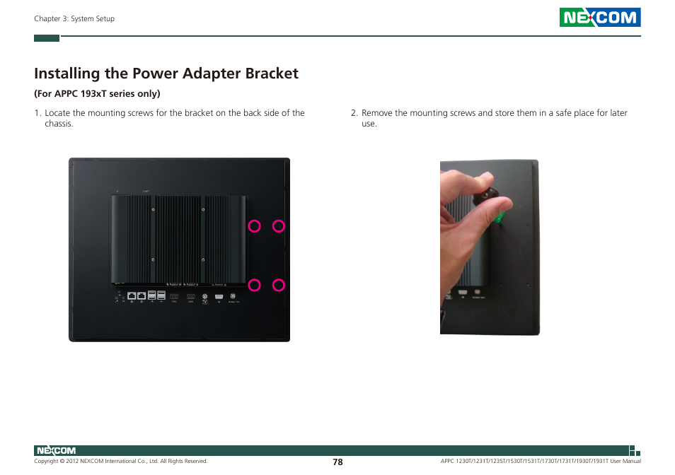 Installing the power adapter bracket | NEXCOM APPC 1230T User Manual | Page 94 / 130