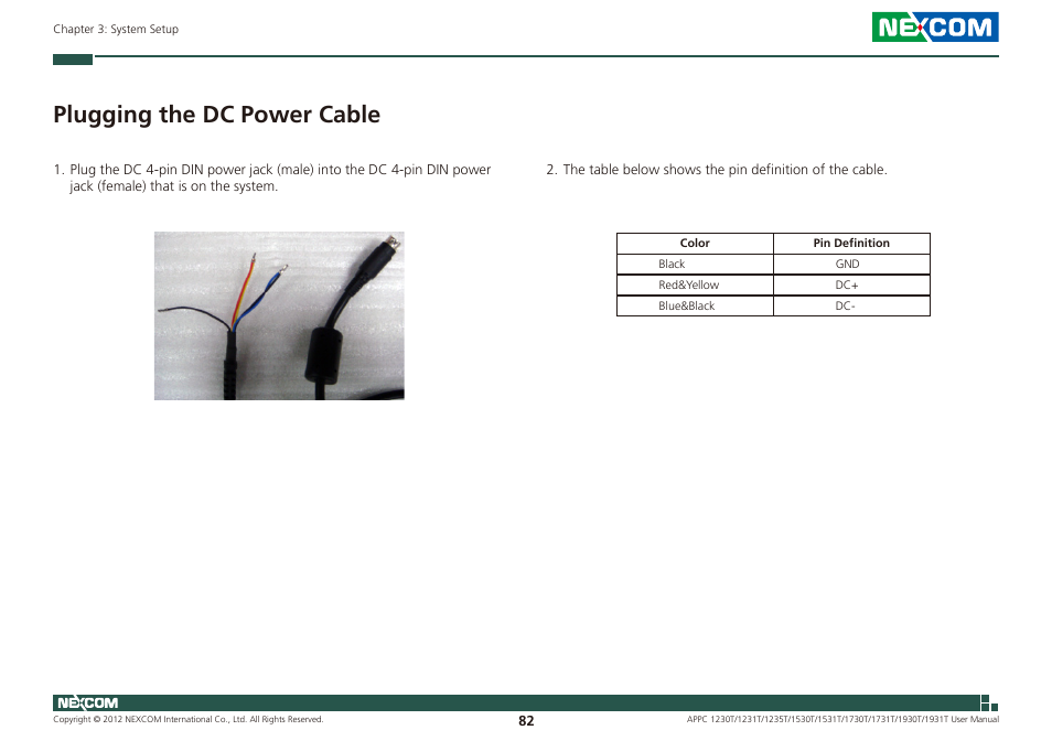 Plugging the dc power cable | NEXCOM APPC 1230T User Manual | Page 98 / 130