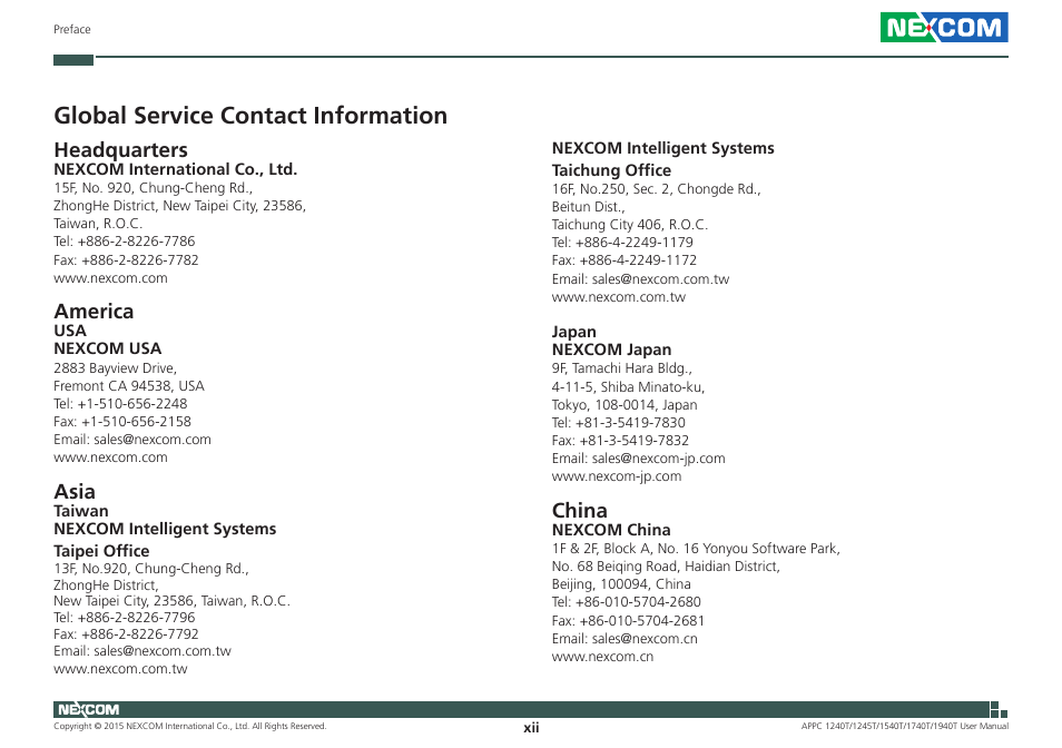 Global service contact information, Headquarters, America | Asia, China | NEXCOM APPC 1240T User Manual | Page 12 / 116