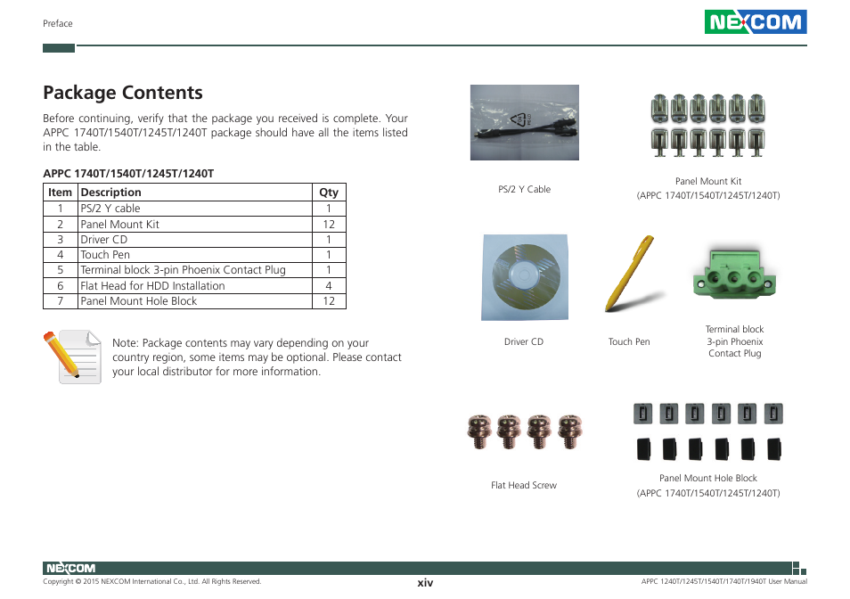 Package contents | NEXCOM APPC 1240T User Manual | Page 14 / 116