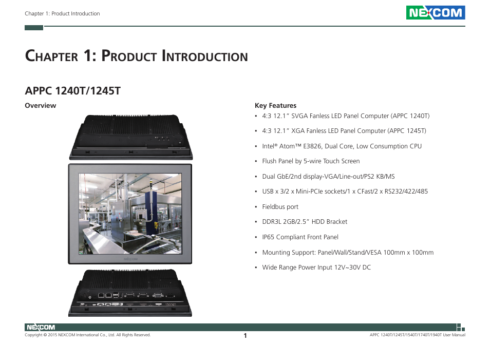 Chapter 1: product introduction, Appc 1240t/1245t, Hapter | Roduct, Ntroduction | NEXCOM APPC 1240T User Manual | Page 17 / 116