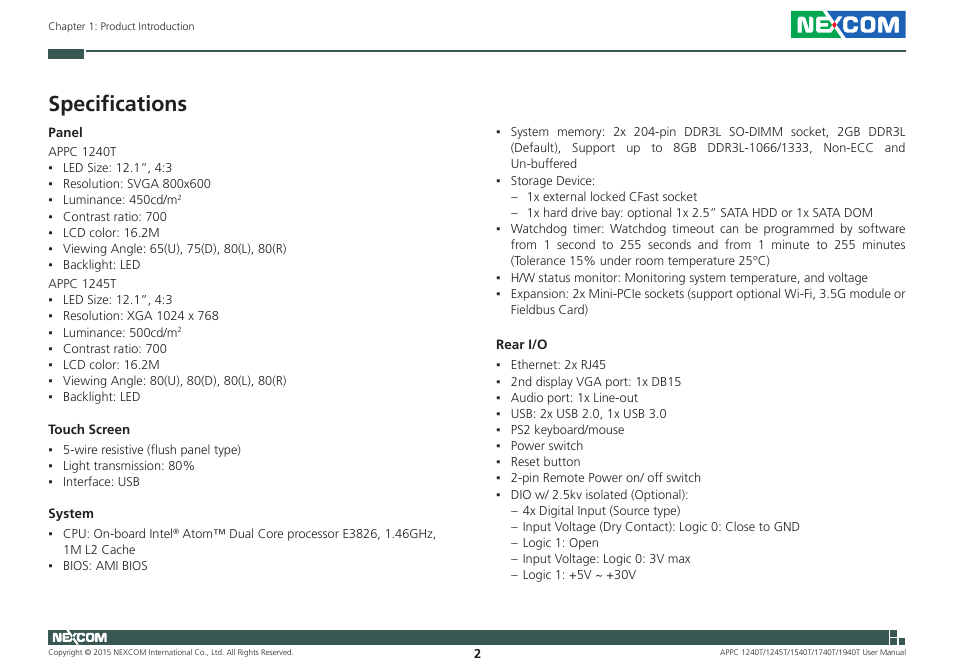 Specifications | NEXCOM APPC 1240T User Manual | Page 18 / 116