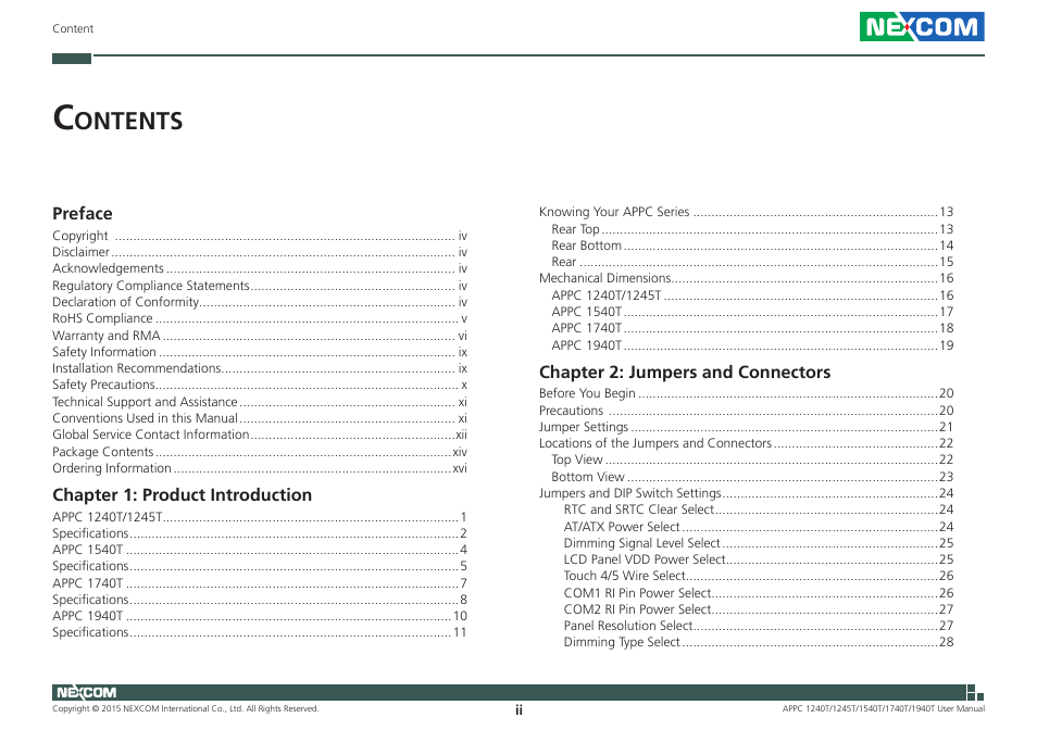 Ontents | NEXCOM APPC 1240T User Manual | Page 2 / 116