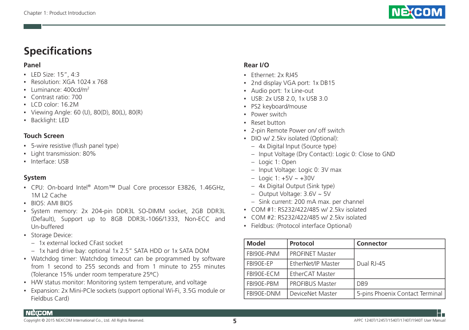 Specifications | NEXCOM APPC 1240T User Manual | Page 21 / 116