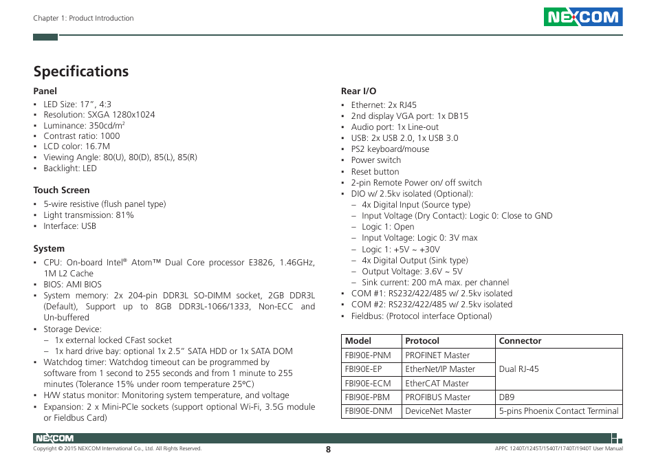 Specifications | NEXCOM APPC 1240T User Manual | Page 24 / 116