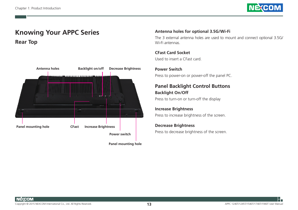 Knowing your appc series, Rear top, Panel backlight control buttons | NEXCOM APPC 1240T User Manual | Page 29 / 116