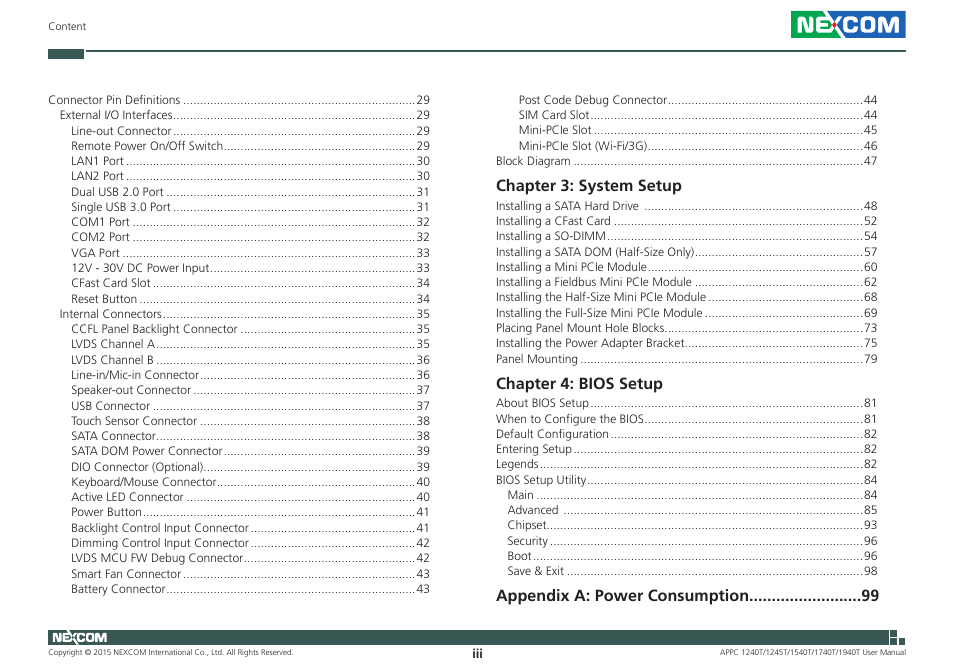 Chapter 3: system setup, Chapter 4: bios setup, Appendix a: power consumption | NEXCOM APPC 1240T User Manual | Page 3 / 116