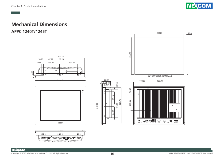 Mechanical dimensions, Appc 1240t/1245t | NEXCOM APPC 1240T User Manual | Page 32 / 116