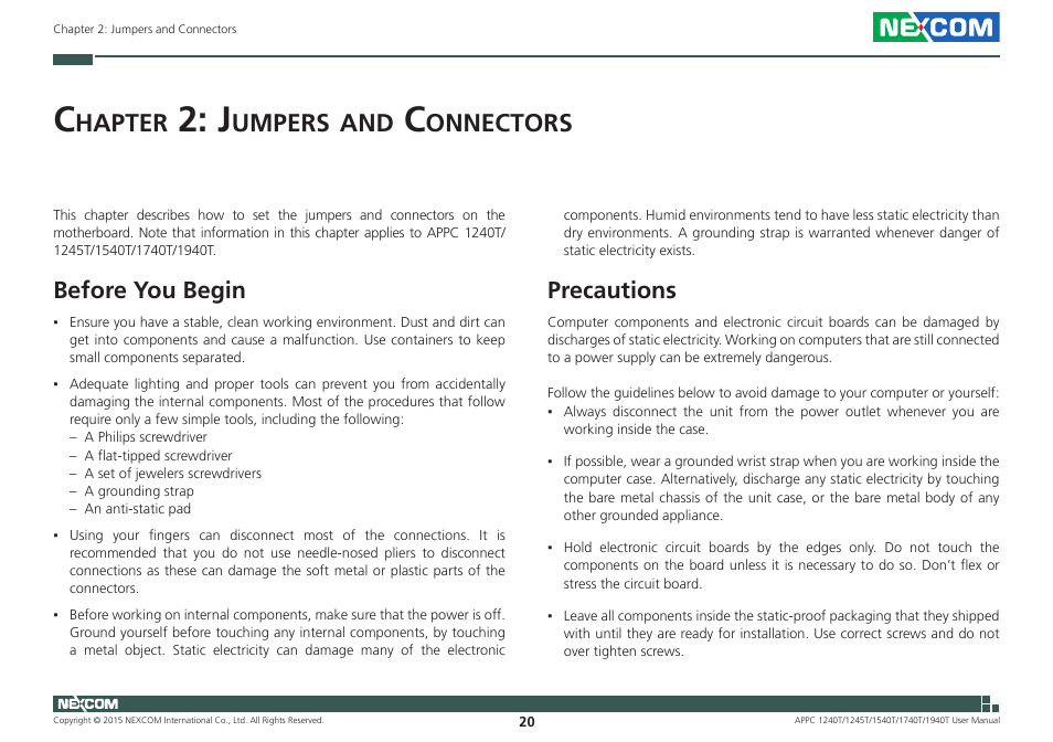 Chapter 2: jumpers and connectors, Before you begin, Precautions | Before you begin precautions, Hapter, Umpers, Onnectors | NEXCOM APPC 1240T User Manual | Page 36 / 116