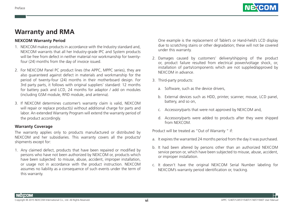 Warranty and rma | NEXCOM APPC 1240T User Manual | Page 6 / 116