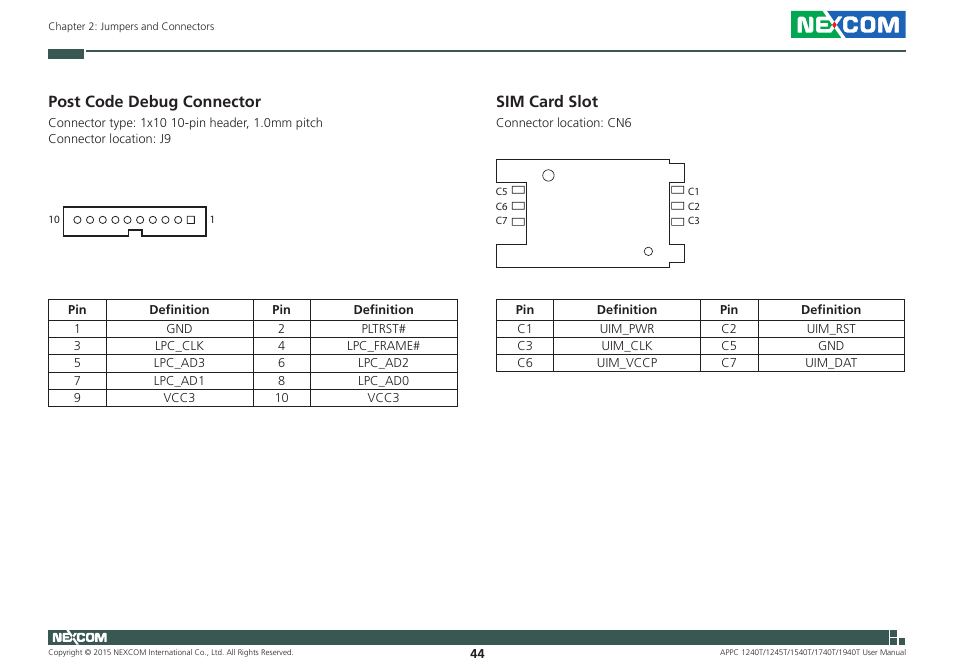 Post code debug connector, Sim card slot, Post code debug connector sim card slot | NEXCOM APPC 1240T User Manual | Page 60 / 116