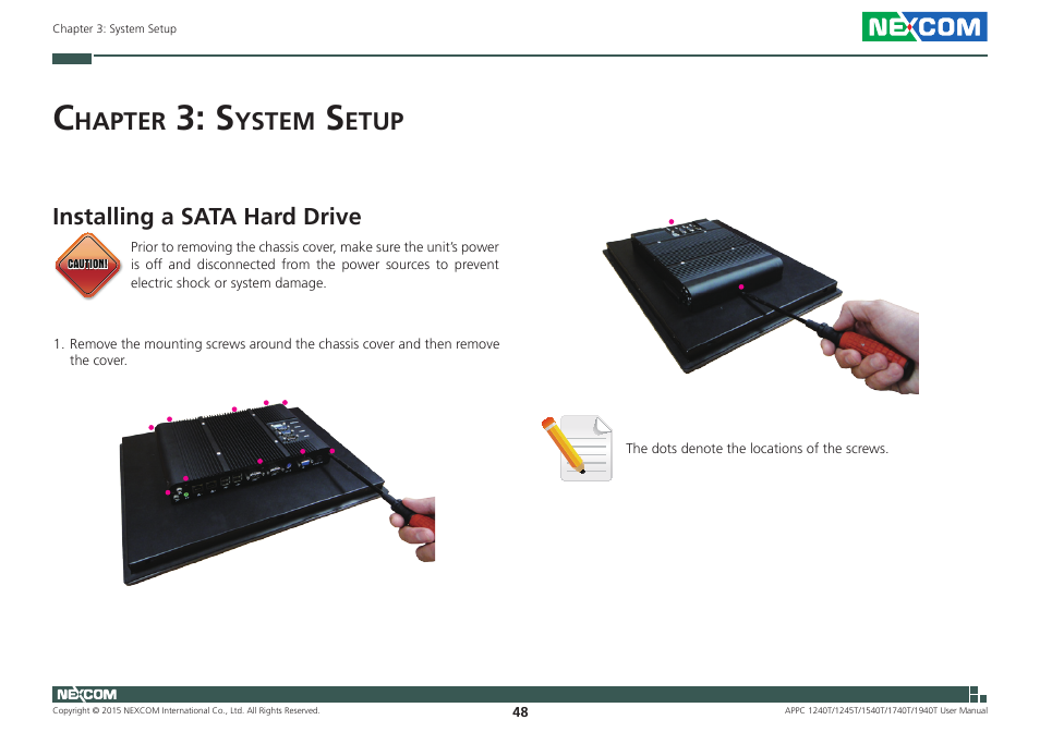 Chapter 3: system setup, Installing a sata hard drive, Hapter | Ystem, Etup | NEXCOM APPC 1240T User Manual | Page 64 / 116