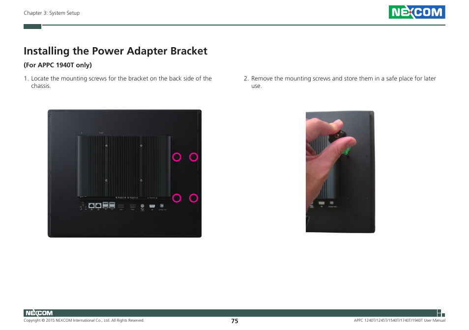 Installing the power adapter bracket | NEXCOM APPC 1240T User Manual | Page 91 / 116