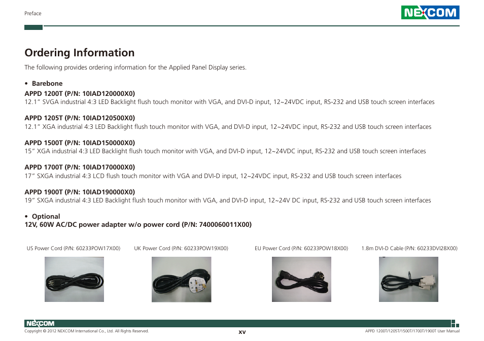 Ordering information | NEXCOM APPD 1200T User Manual | Page 15 / 67