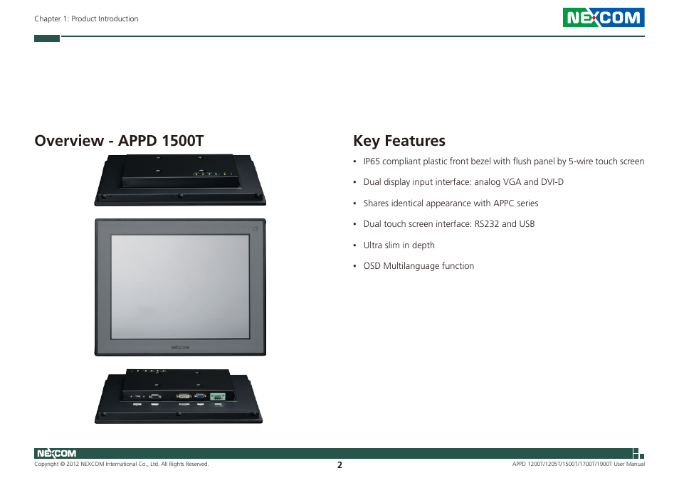 Overview - appd 1500t key features, Key features, Overview - appd 1500t | NEXCOM APPD 1200T User Manual | Page 17 / 67
