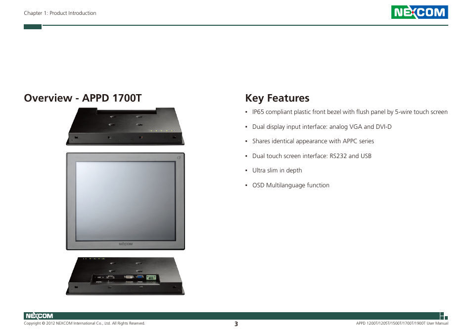 Overview - appd 1700t key features, Key features, Overview - appd 1700t | NEXCOM APPD 1200T User Manual | Page 18 / 67