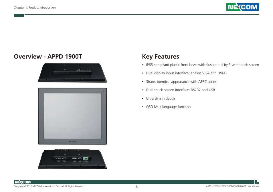 Overview - appd 1900t key features, Key features, Overview - appd 1900t | NEXCOM APPD 1200T User Manual | Page 19 / 67