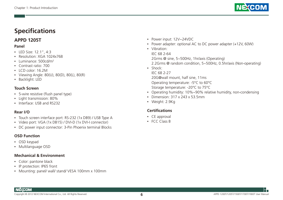 Specifications, Appd 1205t | NEXCOM APPD 1200T User Manual | Page 21 / 67