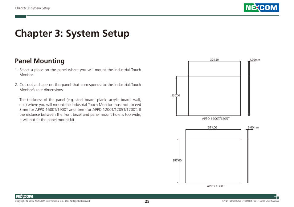 Chapter 3: system setup, Panel mounting | NEXCOM APPD 1200T User Manual | Page 40 / 67