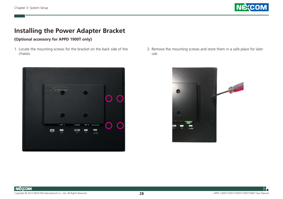 Installing the power adapter bracket | NEXCOM APPD 1200T User Manual | Page 43 / 67