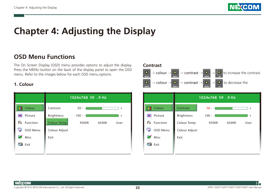 Chapter 4: adjusting the display, Osd menu functions, Colour | Contrast | NEXCOM APPD 1200T User Manual | Page 48 / 67