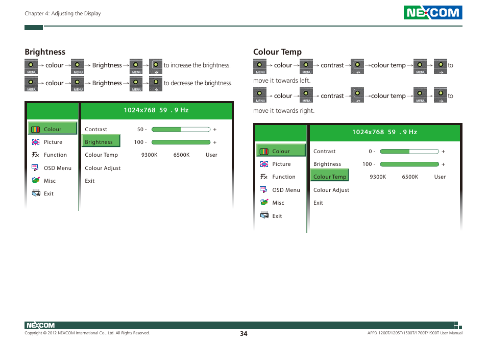 Brightness, Colour temp | NEXCOM APPD 1200T User Manual | Page 49 / 67