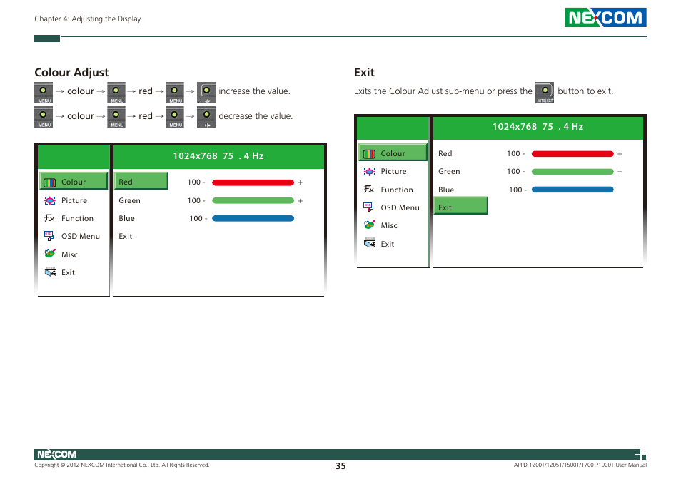Colour adjust, Exit | NEXCOM APPD 1200T User Manual | Page 50 / 67