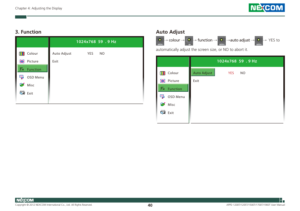 Function, Auto adjust | NEXCOM APPD 1200T User Manual | Page 55 / 67