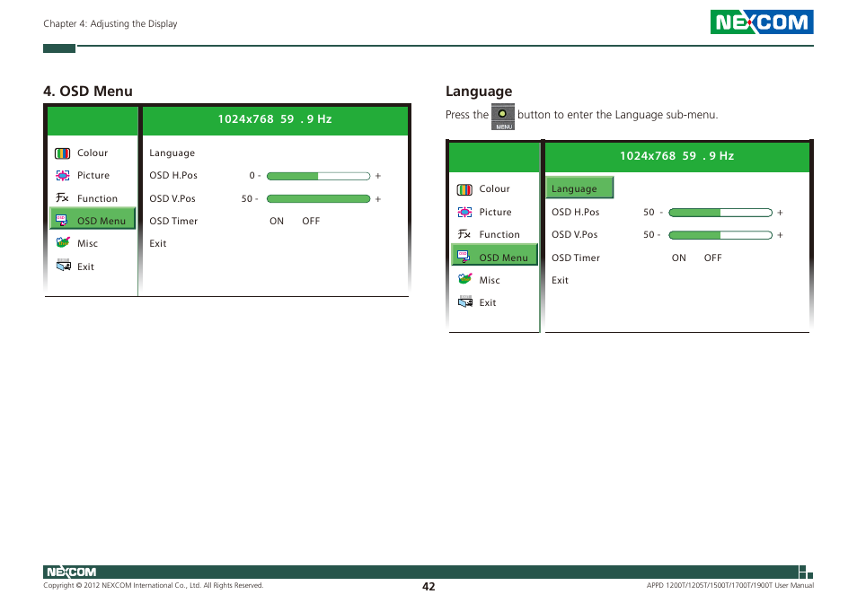 Osd menu, Language | NEXCOM APPD 1200T User Manual | Page 57 / 67