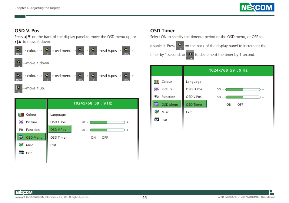 Osd v. pos, Osd timer | NEXCOM APPD 1200T User Manual | Page 59 / 67